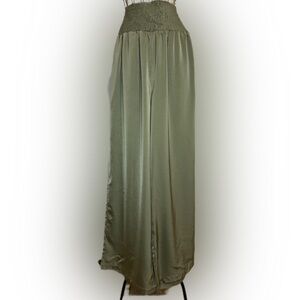 Olive Green Satin Wide-Leg Pants | Smocked Waist | NWT | Size M